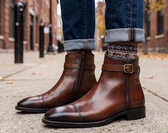 Handmade Leather Mens Cap Toe Ankle Boots | Burnished Brown Dress Boots | Groomsmen Wedding Footwear