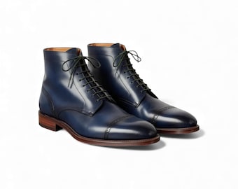 Handmade Blue Leather Dress Boots | Men Cap Toe Brogue Ankle Boot | Mens Custom Formal | Wedding Groomsmen Footwear