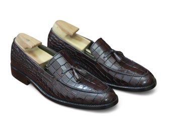 Handmade Brown Alligator Print Leather Loafers - Men Tassel Slip-Ons | Men Loafers | Handmade Loafers | Designer Shoes | Men Leather Shoes