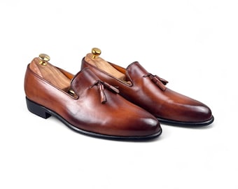 Handmade Men’s Brown Leather Loafers | Genuine Leather Slip-On Shoes | Stylish Shaded Toe Leather Footwear for Men | Comfortable Dress Shoes