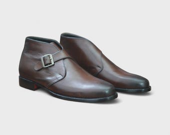 Handmade Maroon Full Grain Leather Buckle Boots - Men's Ankle Boots