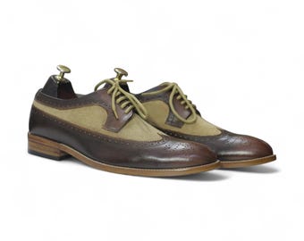 Handmade Mens Brown & Beige Leather Suede Wingtip Brogue Shoes | Stylish Lace-Up Formal Footwear | Elegant | Comfortable for Every Occasion