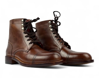 Mens Leather Cap Toe Boots | Brown Burnished Ankle Boot | Nickel Speed Hooks | Heritage Style Gift for Men