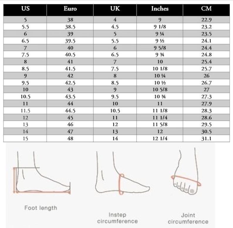 May include: Shoe size conversion chart with US, Euro, UK, inches, and cm measurements. Includes illustrations for foot length, instep circumference, and joint circumference. Sizes range from US 5 (9 inches, 22.9 cm) to US 15 (12 1/4 inches, 31.1 cm).