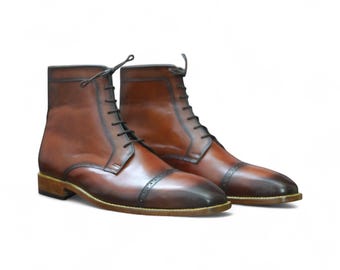 Handgefertigte braune Cap Toe Lederschuhe | Herren Kleid und Freizeitkleidung | Ankle Boots Club | Benutzerdefinierte Männer | Schnürstiefel | Vollnarbenleder