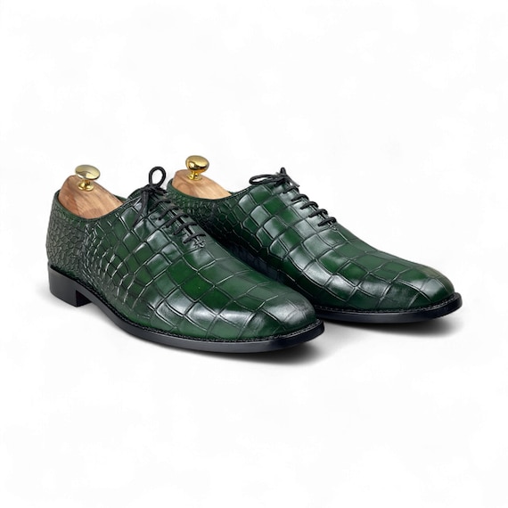 Men's Green Crocodile Texture Oxford Shoes | Handmade Embossed Leather Dress Shoes | Luxury Formal Footwear | Gift For Him