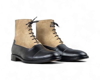 Men's Two-Tone Black Leather Boots | Tan Suede Ankle Boots | Handmade Cap Toe Dress Boot | Unique Modern Formal Boots | Classic Lace-up Boot