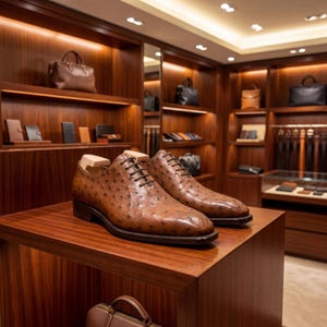Close straight on front view of pair of men cognac ostrich wholecut Oxford shoes with cedar shoe trees showing chisel square toe and full quill pattern on white background