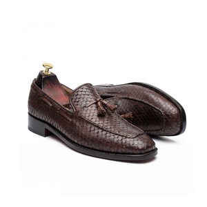 Handmade Python Leather Tassel Loafers Men Dark Brown Woven Dress Slip On