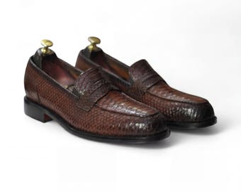 Brown Python Texture Leather Loafers Mens Luxury Slip On