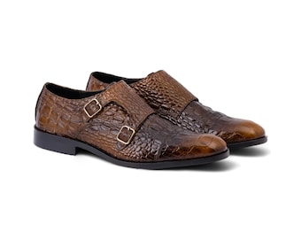 Mocasines de piel flor con estampado de cocodrilo marrón / Zapatos de hombre elegantes, duraderos y cómodos / Perfectos para ocasiones formales e informales