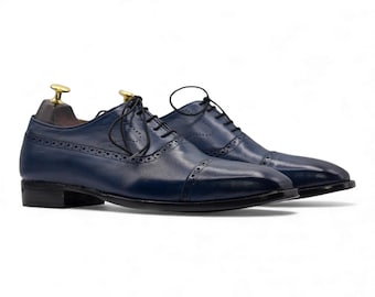 Handmade Blue Leather Oxford Dress Shoes for Men | Cap Toe Brogue Formal Menswear | Custom Wedding Groomsmen