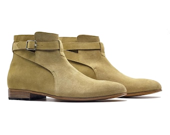 Botas masculinas de camurça bege feitas à mão | Botas sociais de luxo | Botas de couro premium até o tornozelo para ocasiões especiais de negócios