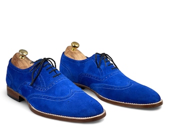 New Handmade Mens Blue Wingtip Leather Shoes | Classic Lace-Up Design | Premium Quality Dress Shoes for Men, Perfect for Formal Occasions