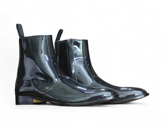 Handmade Black Patent Leather Ankle Boots for Men | Side Zipper Glossy Dress Boots | Elegant & Stylish Footwear | Ideal Birthday Gift