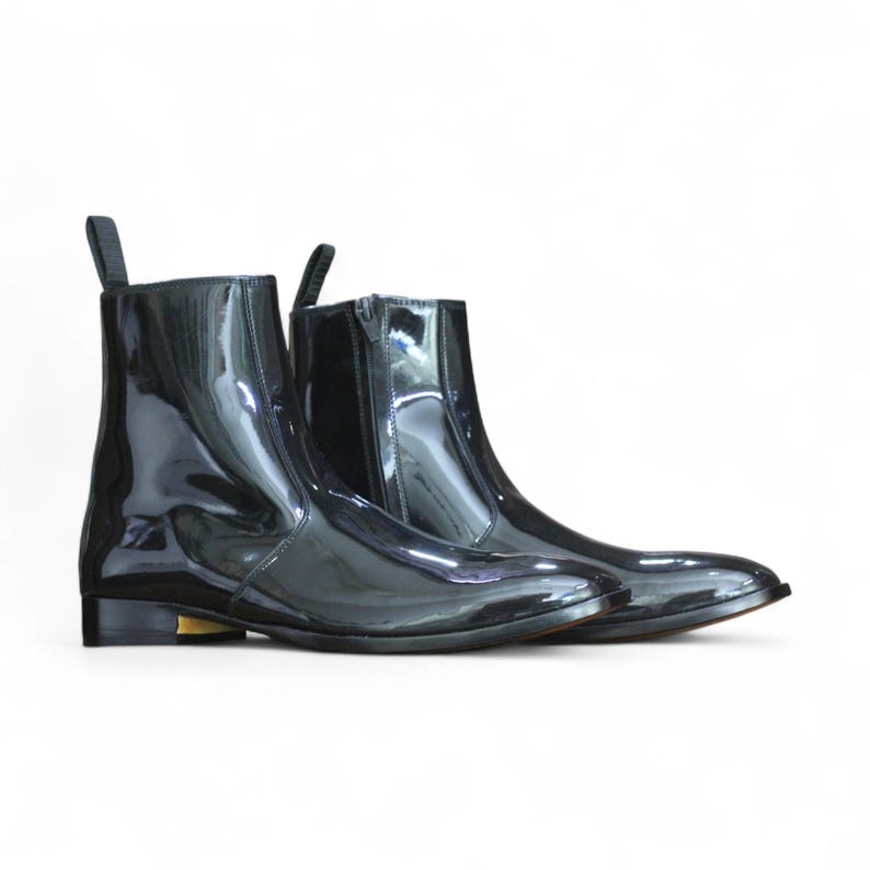 Front View: Handmade Black Patent Leather Ankle Boots with side zipper, ideal for formal events and stylish occasions.
