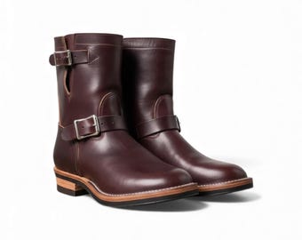 Handmade Leather Engineer Boots | Men's Dark Brown Motorcycle Biker Pull-On Custom | Full Grain Durable Rugged Workwear