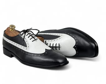 New Handmade Mens White & Black Wingtip Leather Shoes | Stylish Lace-Up Formal Footwear | Premium Leather Dress Shoes for Men