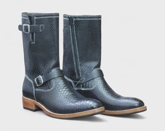 Men’s Black Python Print Engineer Boots | Motorcycle Boots for Riding | Side Zipper | Gift For Him | American-Style Traditional Leather Boot