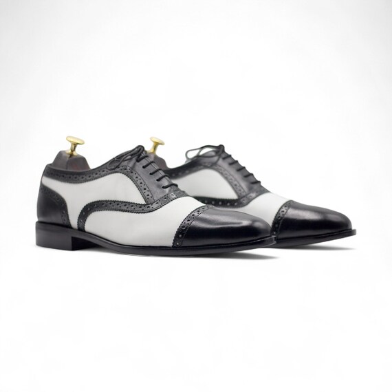 Mens White & Black Cap Toe Oxford Shoes | Designer Leather Dress Shoes | Formal Lace-Up Footwear | Stylish Elegant Shoes for Men