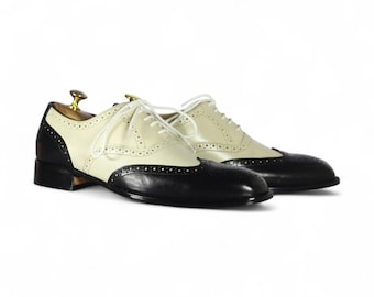 Handmade Cream Black Wingtip Oxford Shoes | Men’s Leather Brogue Lace-Up Dress Shoe | Stylish Formal Footwear for Weddings office & dressing