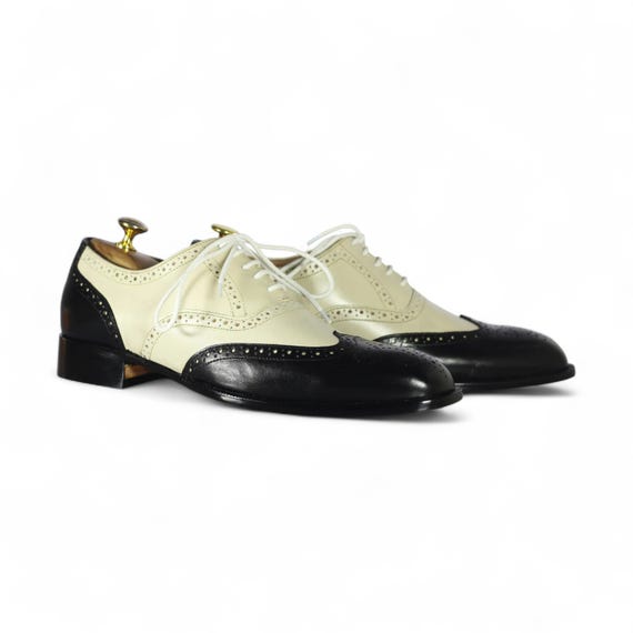black and cream dress shoes Handmade Cream Black Wingtip Oxford Shoes | Men's Leather Brogue Lace-up Dress  Shoe | Stylish Formal Footwear for Weddings Office & Dressing