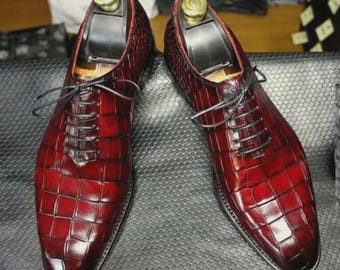 Handmade Maroon Alligator Print Leather Oxford Shoes | Luxury Men Footwear | Handmade Leather Shoe | Designer Whole cut Shoes | Office Shoes