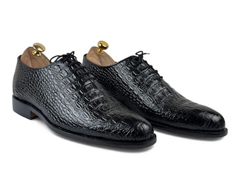 Luxury Hand Stitched Black Crocodile Texture Dress Shoes | Formal Oxford Lace Up Shoes | Luxury Style Men's Shoes | Wedding Gift For Him