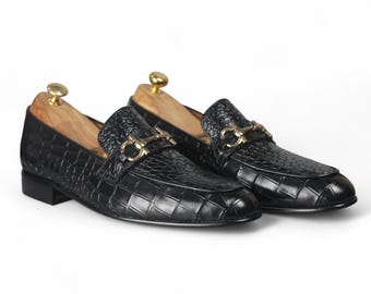 Handmade Green Alligator Print Leather Loafers: Horse Bit Slip-Ons | Green Shoes | Men Loafers Shoes | Leather shoes | Blue Alligator shoes