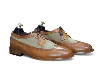 Handmade Brown Wingtip Brogue Oxford Shoes for Men | Two-Tone Leather & Suede Dress Shoes | Elegant, Stylish Comfortable Footwear