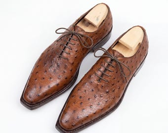 Heren volledige ganzenveer struisvogel Wholecut Oxford schoen cognac tan handgemaakte vierkante neus cadeau