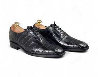 Men's Black Crocodile Texture Oxford Shoes | Handmade Embossed Leather Dress Shoes | Luxury Formal Footwear | Gift For Him