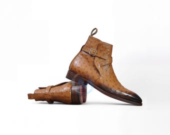 Handmade Mens Ostrich Texture Leather Jodhpur Boots