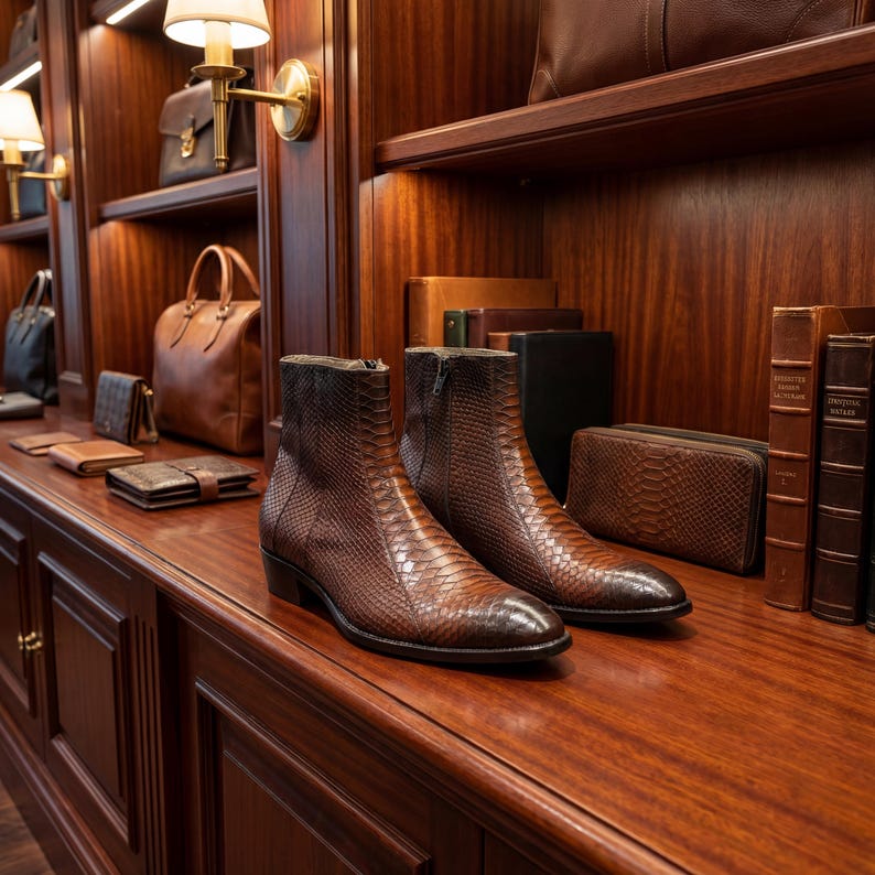 Man wearing brown python leather zip boots while sitting in a luxury penthouse.