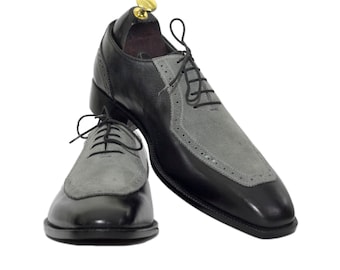 Handmade Two-Tone Lace-Up Leather Suede Shoes for Men | Black Grey Oxfords | Elegant Leather Suede Dress Shoes | Stylish & Comfortable