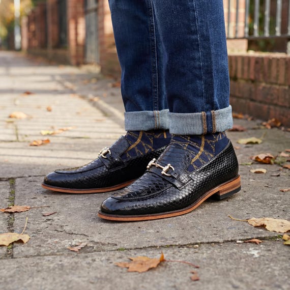 Mens Black Snake Print Horsebit Loafer Leather Slip On Shoe