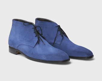 〽️Men Ankle Chukka Boots Blue Leather Modern Classic Comfort Lace Up Round Toe Amazon.com: DADAWEN Men main image 4