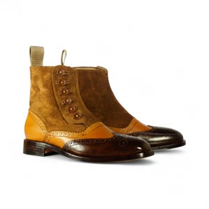 Men Brown Leather Suede Wing Tip Button Boots Brogues | Stylish Classic Footwear | Premium Quality, Comfortable and Versatile Ankle Boots