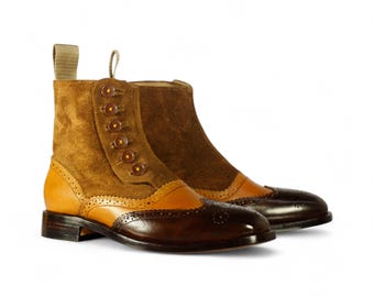 Men Brown Leather Suede Wing Tip Button Boots Brogues | Stylish Classic Footwear | Premium Quality, Comfortable and Versatile Ankle Boots