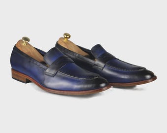 Ręcznie robione, granatowe, skórzane mokasyny typu penny loafers | Mokasyny skórzane premium | Skórzane, wsuwane buty wizytowe | Odzież formalna | Buty codzienne | Prezent dla mężczyzny