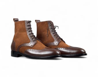 Handmade Mens Brown Wingtip Lace-Up Ankle Boots | Stylish Brown Dress Boots | Wingtip Leather Suede Ankle Boots for a Classic Look