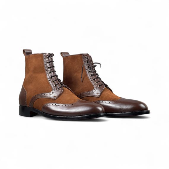 Men\'s Brown Leather Wingtip Lace-Up Zip Boots Laredo Wingtip Lace Up Boot Men main image 3
