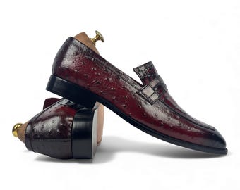 Handmade Burgundy Men’s Loafers | Exotic Alligator & Ostrich Texture | Burnished Oxblood Leather Dress Shoes | Formal Slip-On Wedding Gift