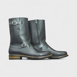 Heel View – Rear view of Handmade Black Python Print Engineer Boots, showcasing craftsmanship and durable leather finish.