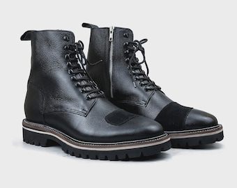 Handmade Men Black Leather Boot's | Side Zipper Monk Strap Around Ankle | Madrid Strap Boots | Dress Boots | Stylish Boots | Gift For Him
