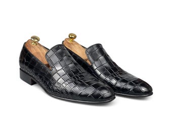 Klassiska Penny Loafers med handsytt förkläde i mörkbruna svarta skor med alligatortryck | Finskor Slip-On Casual Bilskor Mångsidiga Skor