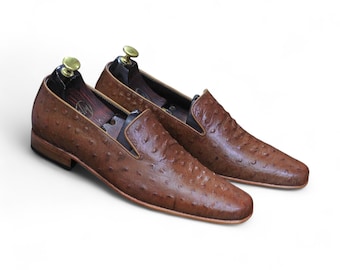 Handmade Mens Brown Ostrich Leather Loafers | Slip-On Dress Shoes | Party, Formal & Casual Footwear | Stylish Comfortable Shoes