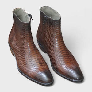 Front View – Handmade Men’s Brown Python Texture Zipper Ankle Boots with full-grain leather and luxurious python pattern, offering rugged elegance.