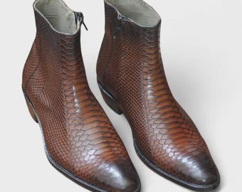 Handmade Brown Python Texture Ankle Boots | Full-Grain Leather Motorcycle Boots | Black Boots | Python Boots | Chelsea Boots | Zipper Boots