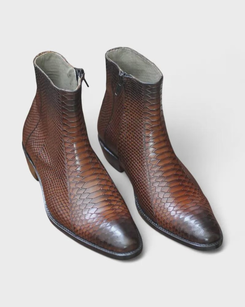 Front View – Handmade Men’s Brown Python Texture Zipper Ankle Boots with full-grain leather and luxurious python pattern, offering rugged elegance.